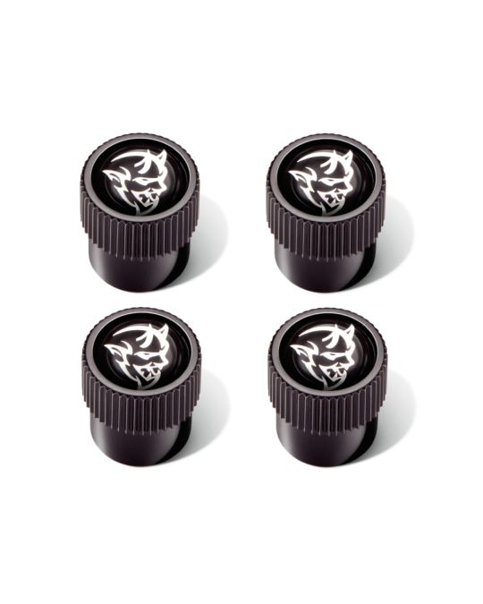 Mopar Wheel Valve Stem Caps Black With Silver Demon Logo