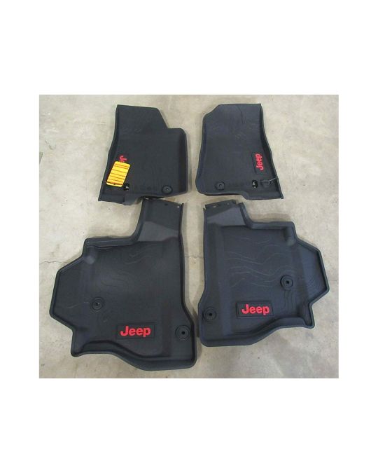 Mopar All Weather Rubber Mats Kit Of Four For Front And Rear Black With Red Jeep Logo